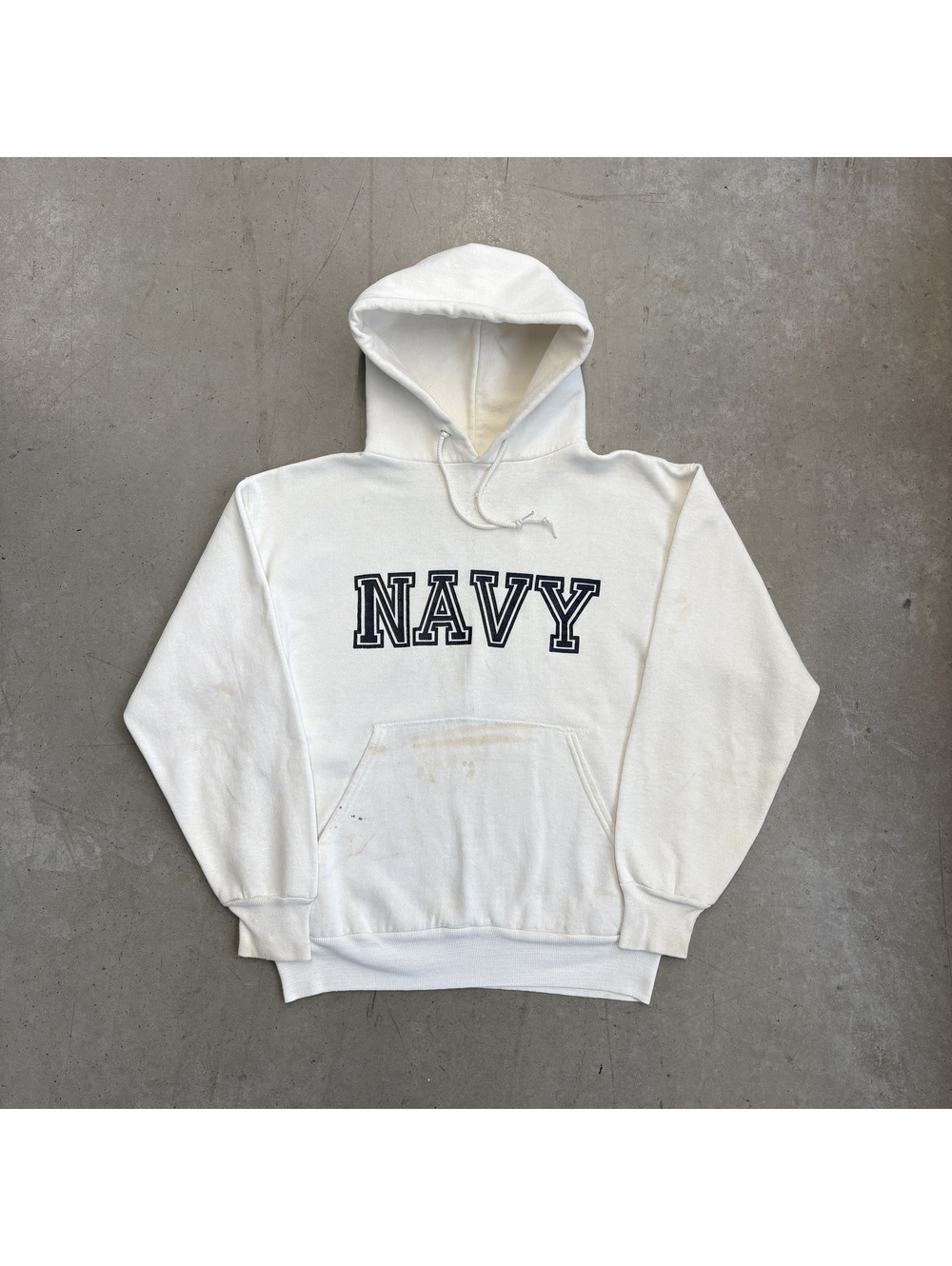 Vintage 70s United States Navy Spellout Logo Flawed Hoodie Medium White